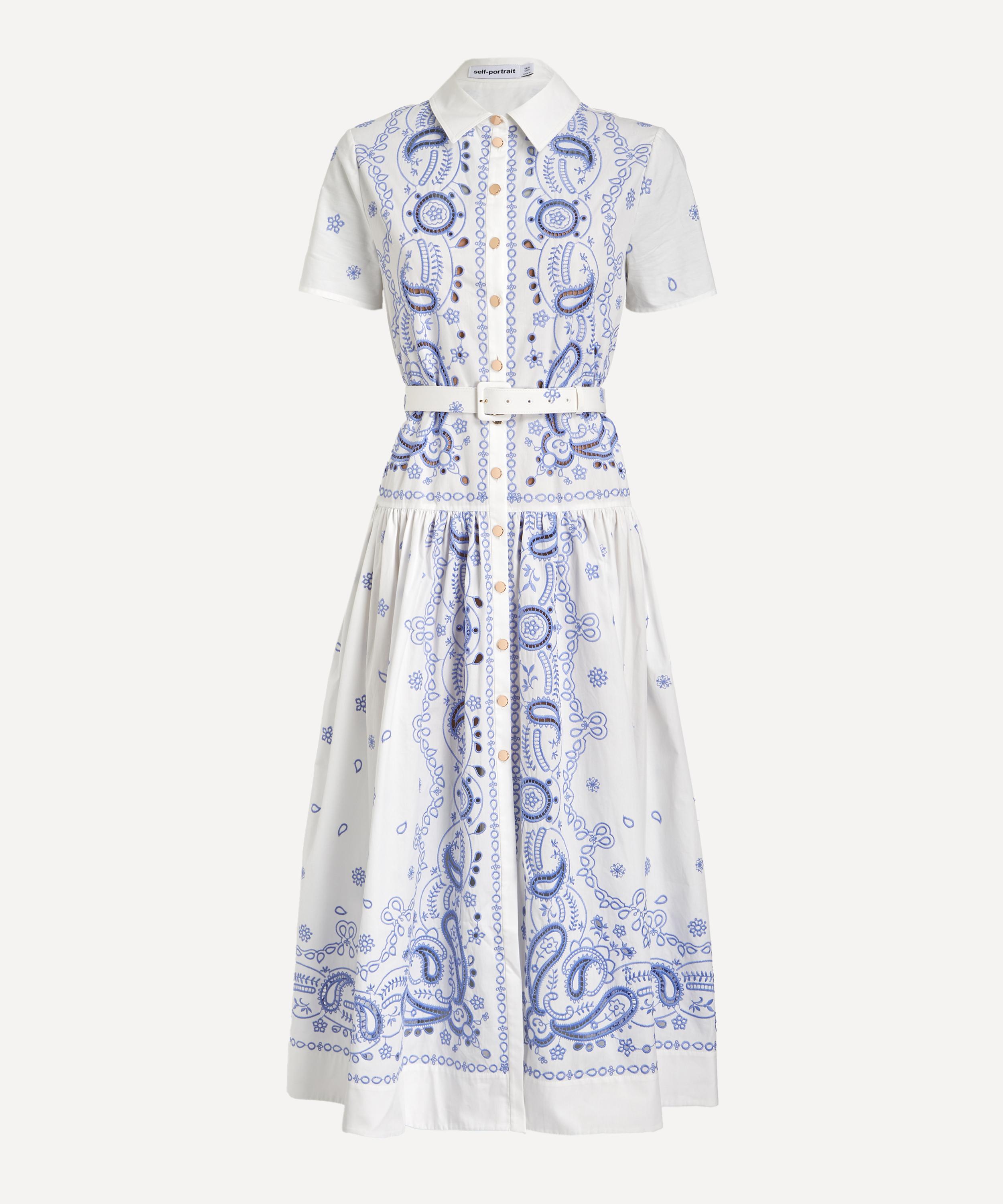 Self-portrait Embroidered Cotton Belted Midi Dress In Multi
