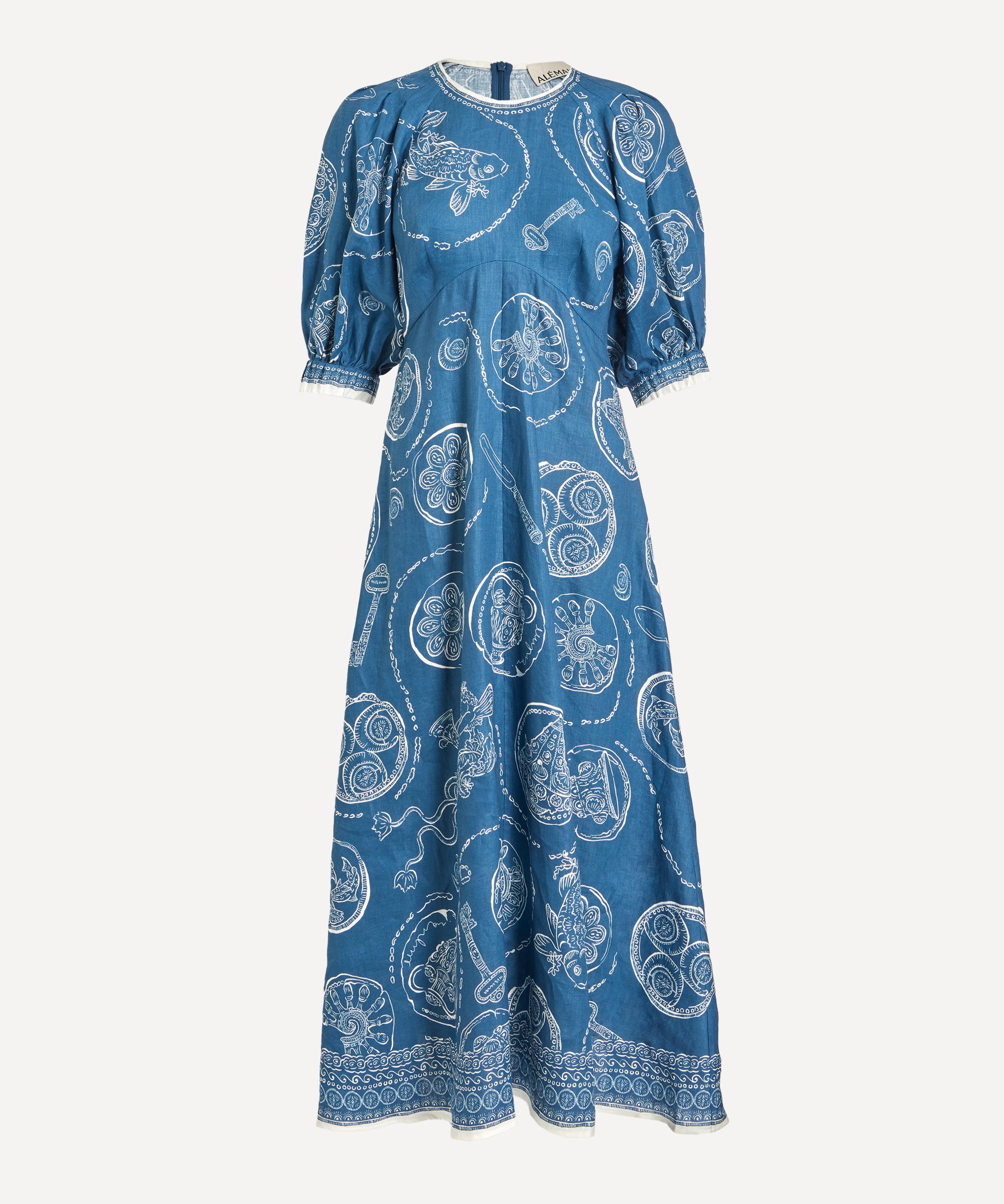 Alemais Lucky Graphic-print Puff-sleeve Midi Dress In Multi