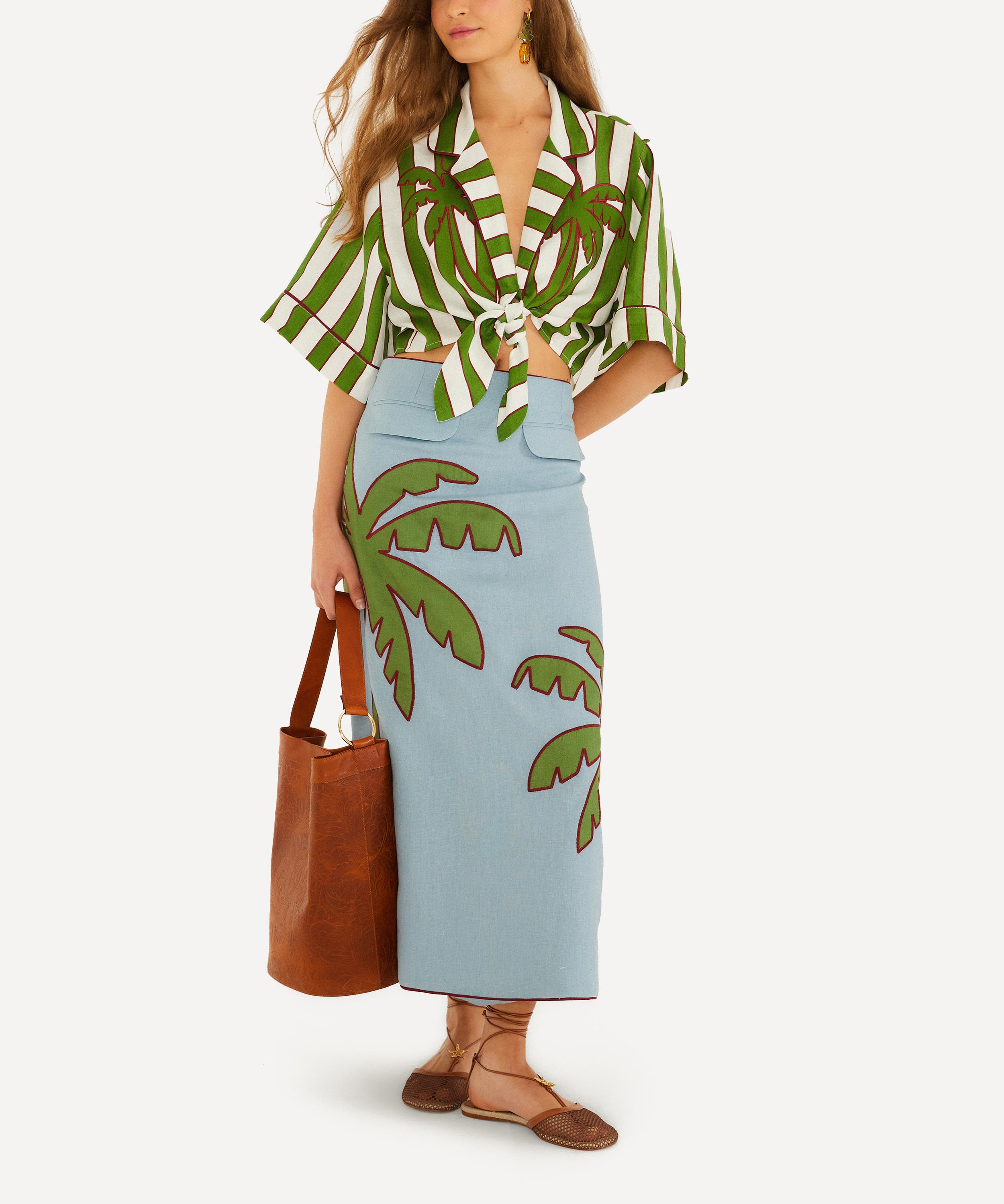 Farm Rio Women's Blue Embroidered Palm Tree Linen Maxi Skirt