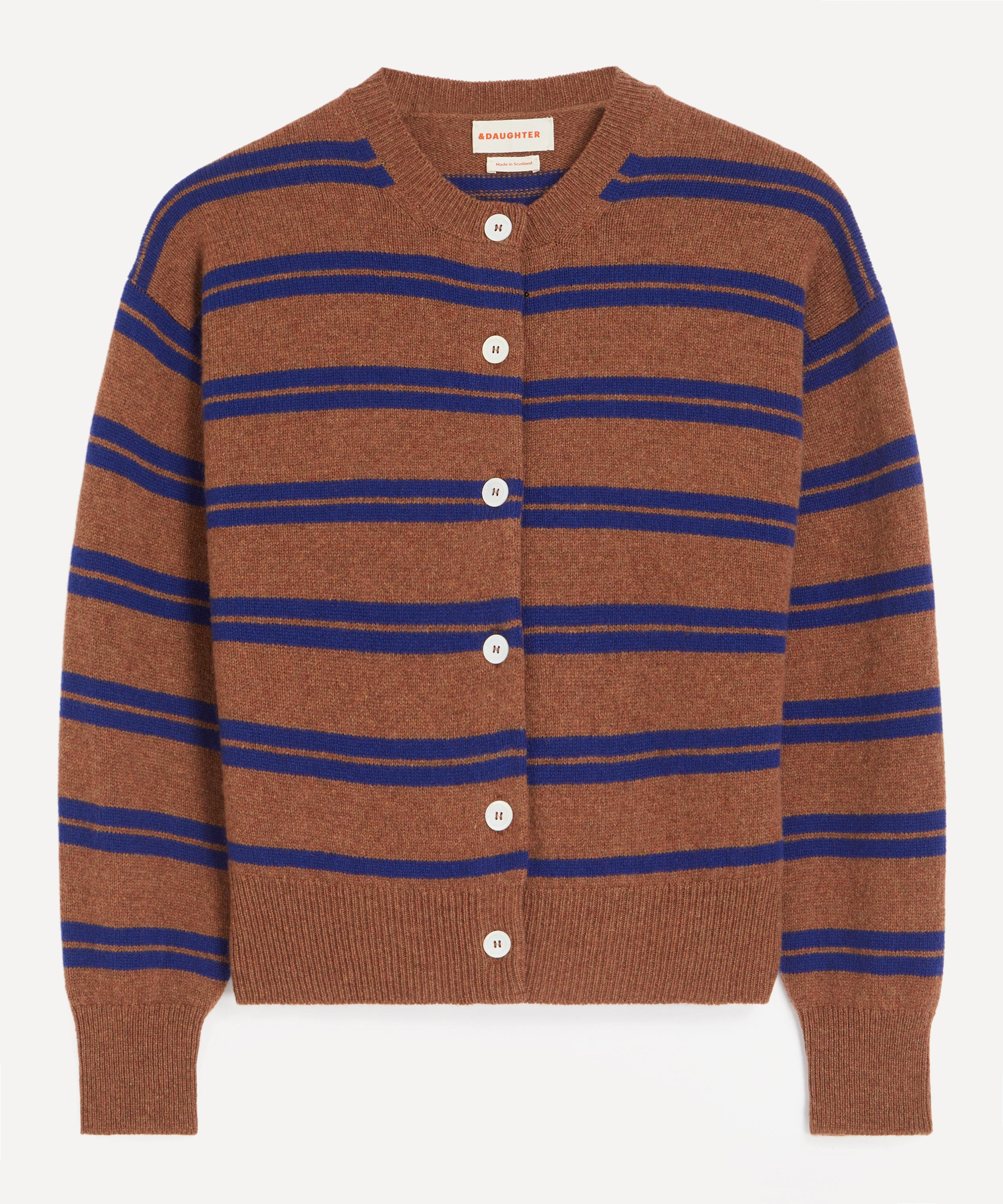 And-daughter &daughter Women's Ada Stripe Crewneck Cardigan In Hazelnut/smalt Blue