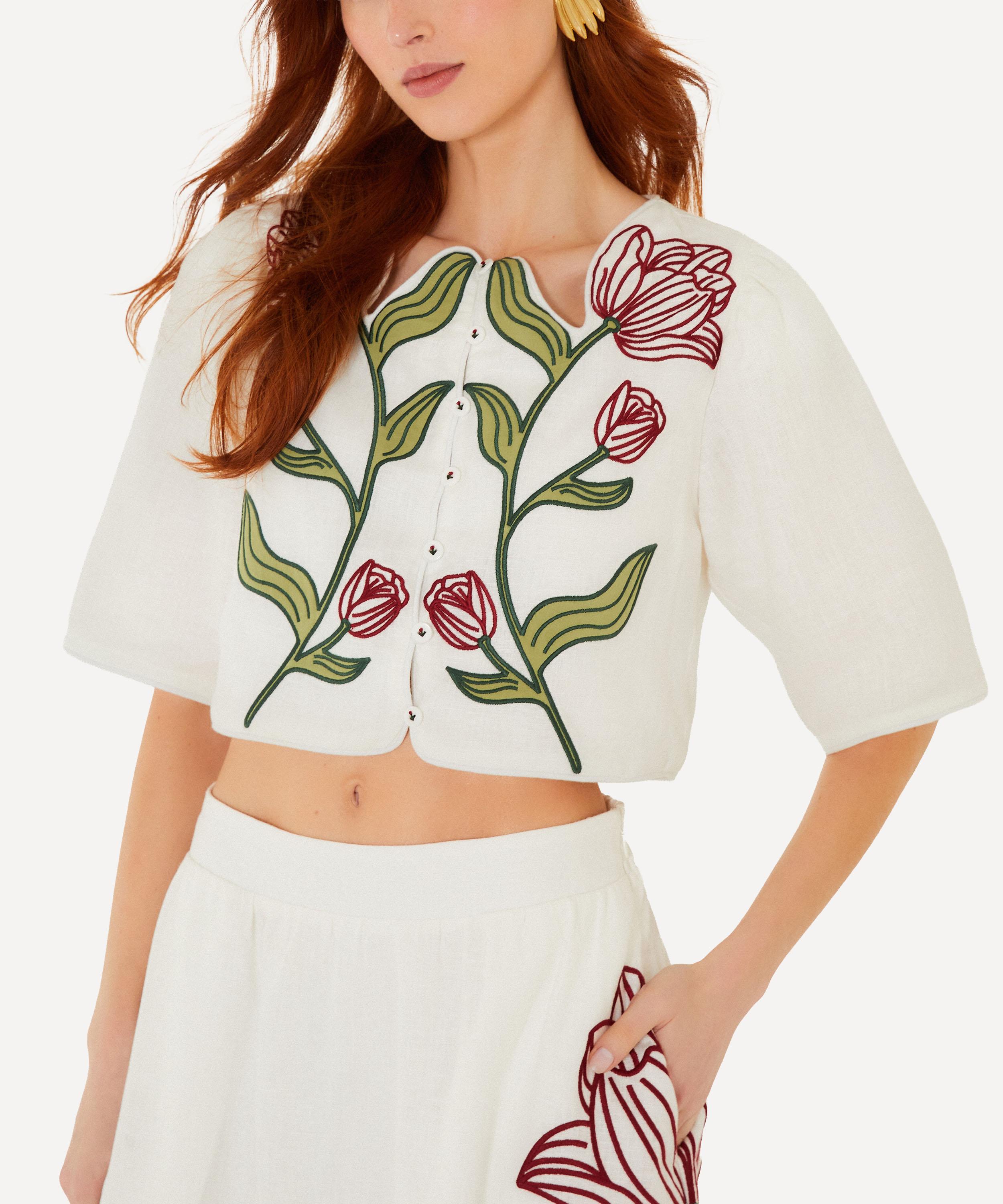 Farm Rio Women's Off-white Flower Short-sleeve Crop Top