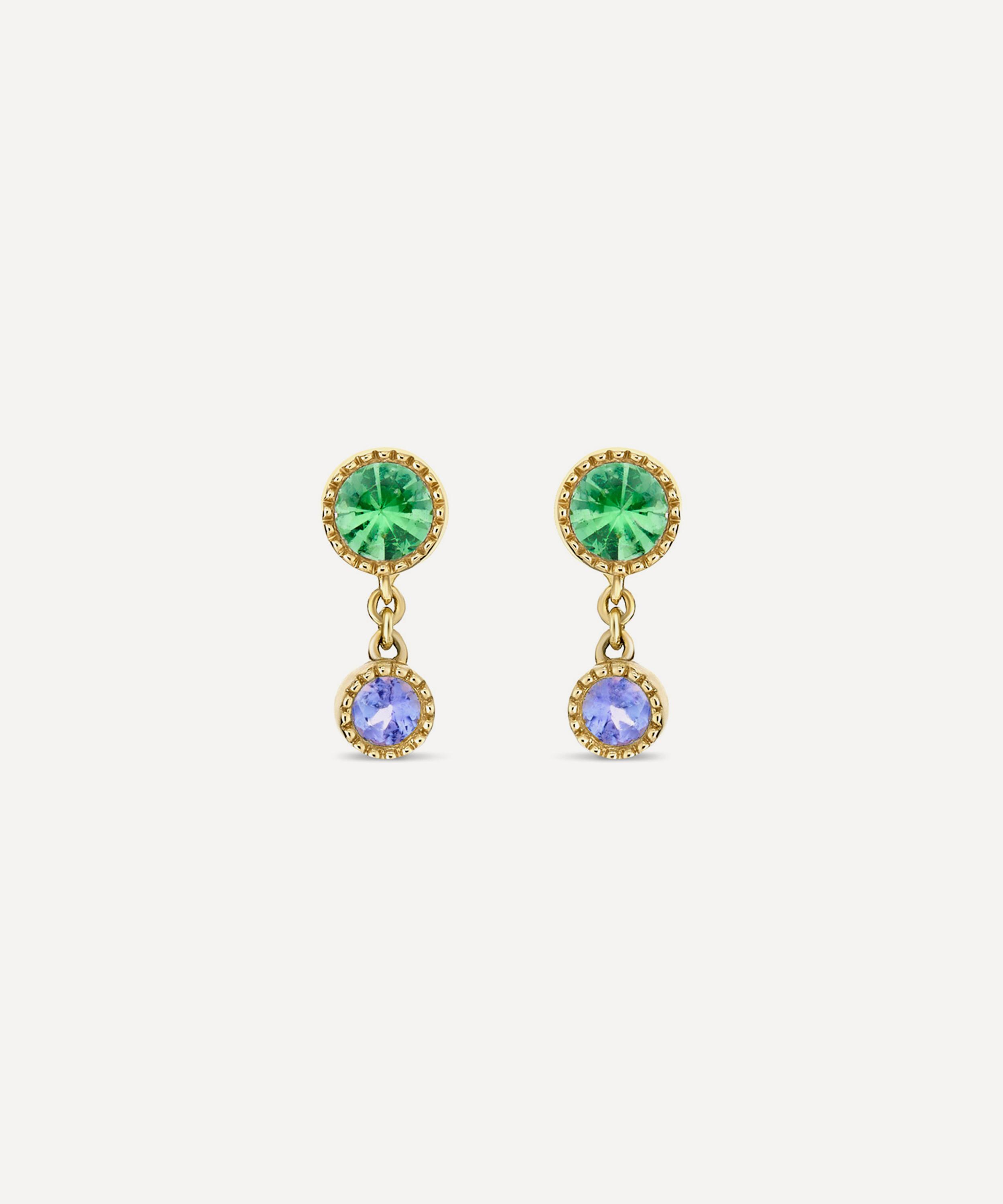 Dinny Hall 9ct Gold Duo Drop Tsavorite And Tanzanite Stud Earrings
