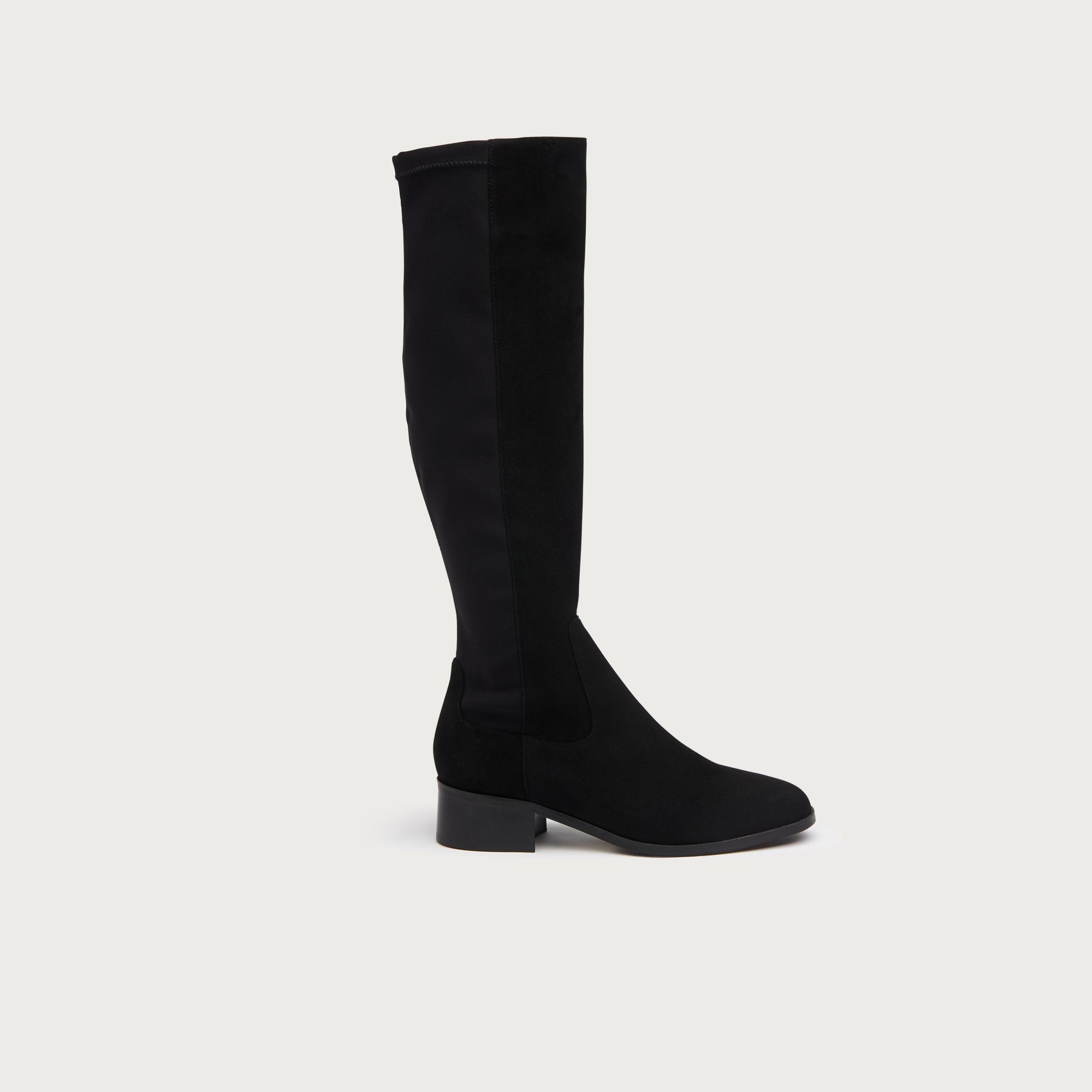 black leather knee high low heel boots