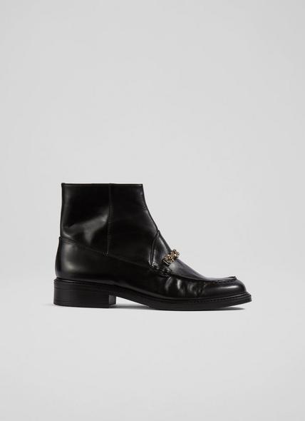 Kora Black Leather Crystal-Trim Flat Ankle Boots
