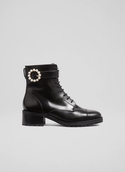 Martina Black Leather Pearl Buckle Lace-Up Ankle Boots