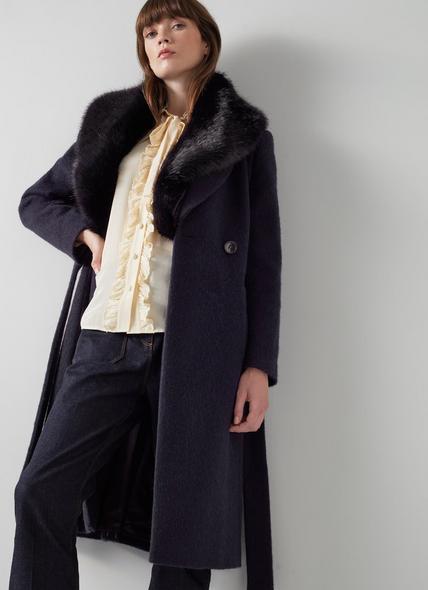 Ava Navy Wool-Blend Faux Fur Collar Coat