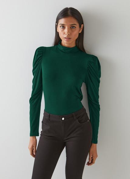 Cora Green Jersey Puff Sleeve Turtle Neck Top