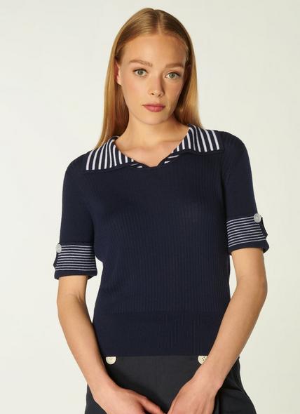 Bay Navy and Cream Stripe Cotton Knitted Top