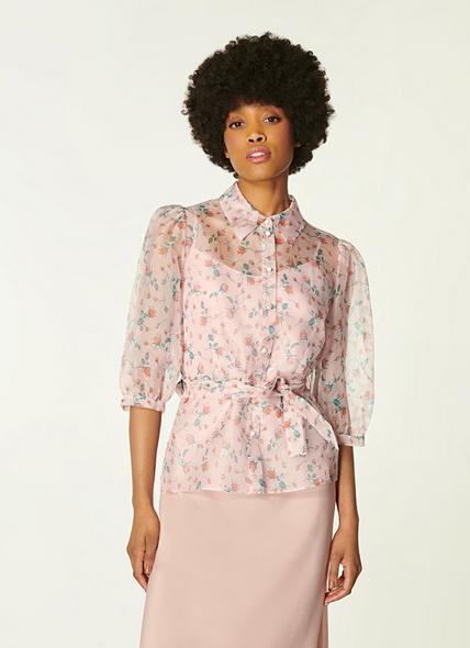 Luella Pink Scattered Rose Print Silk Organza Blouse