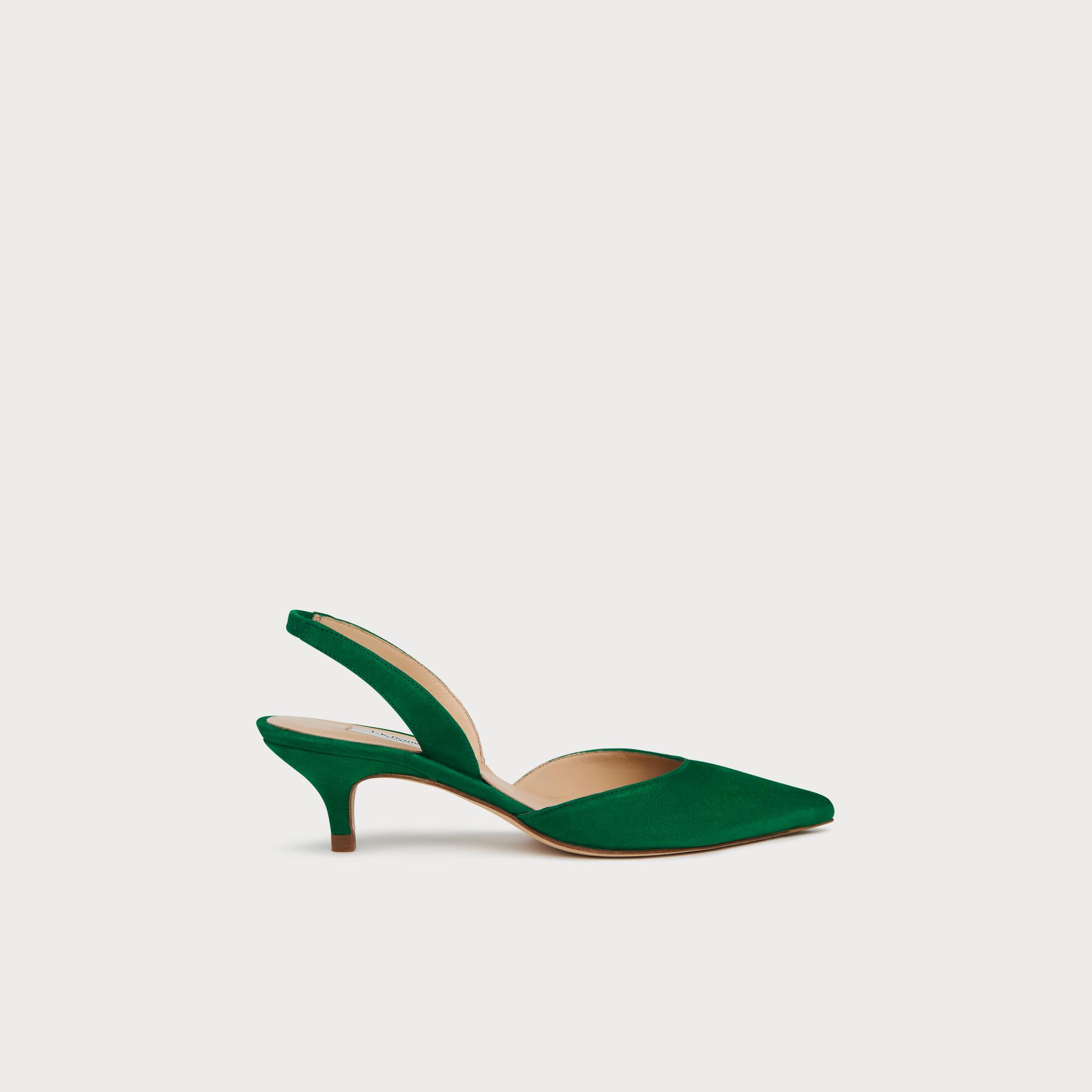 green suede kitten heels