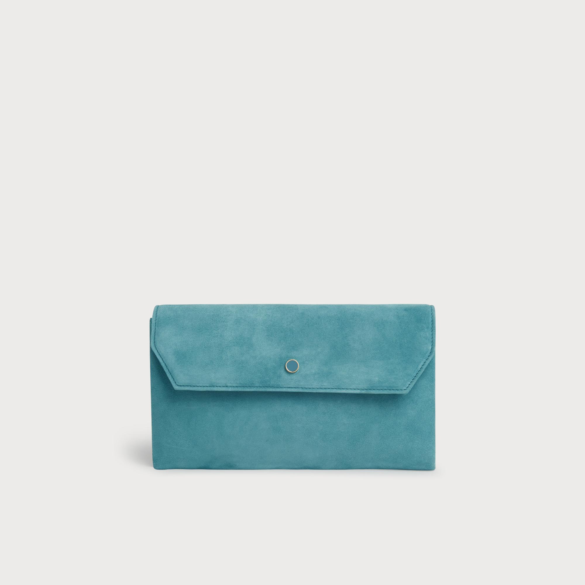 pale blue suede clutch bag