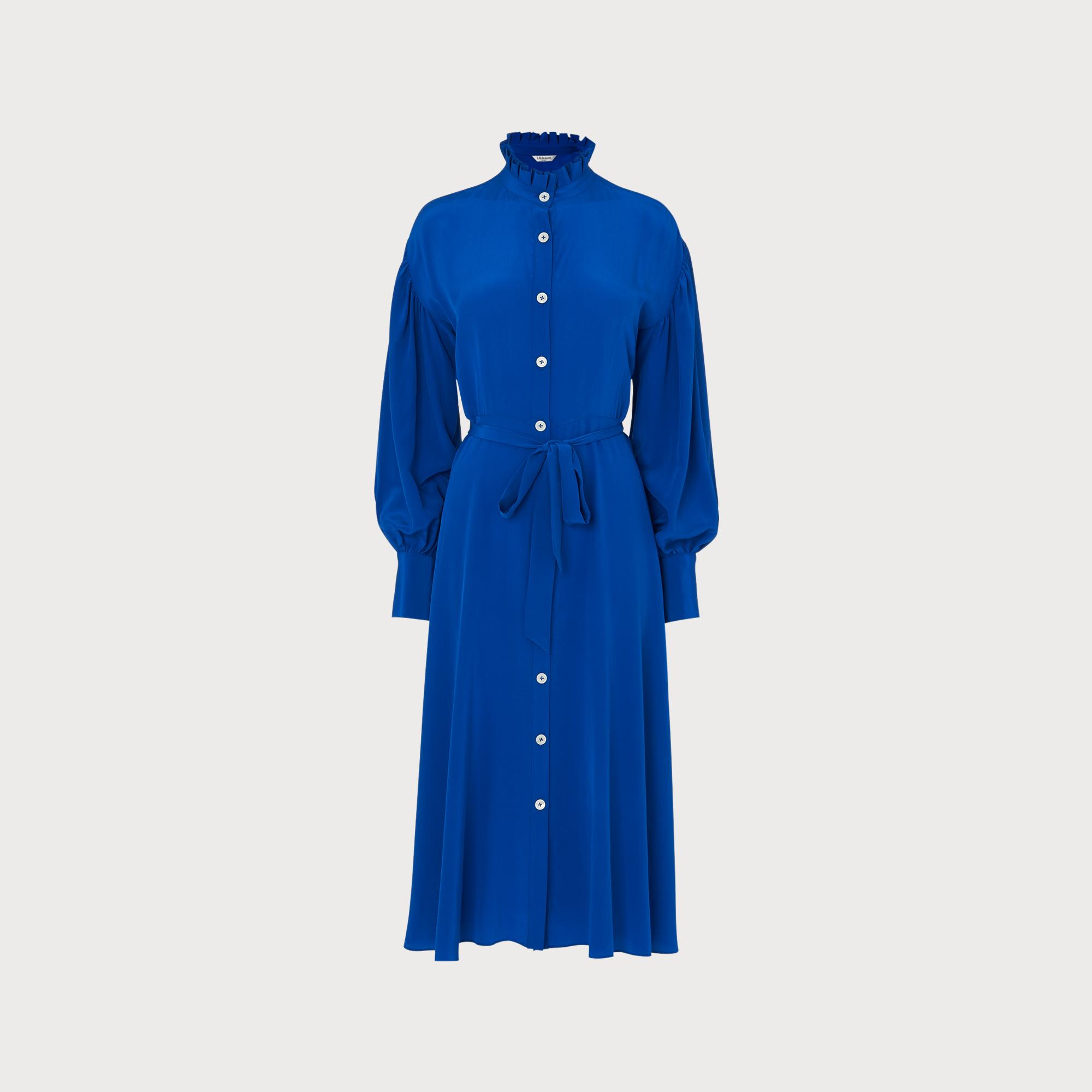 blue silk shirt dress