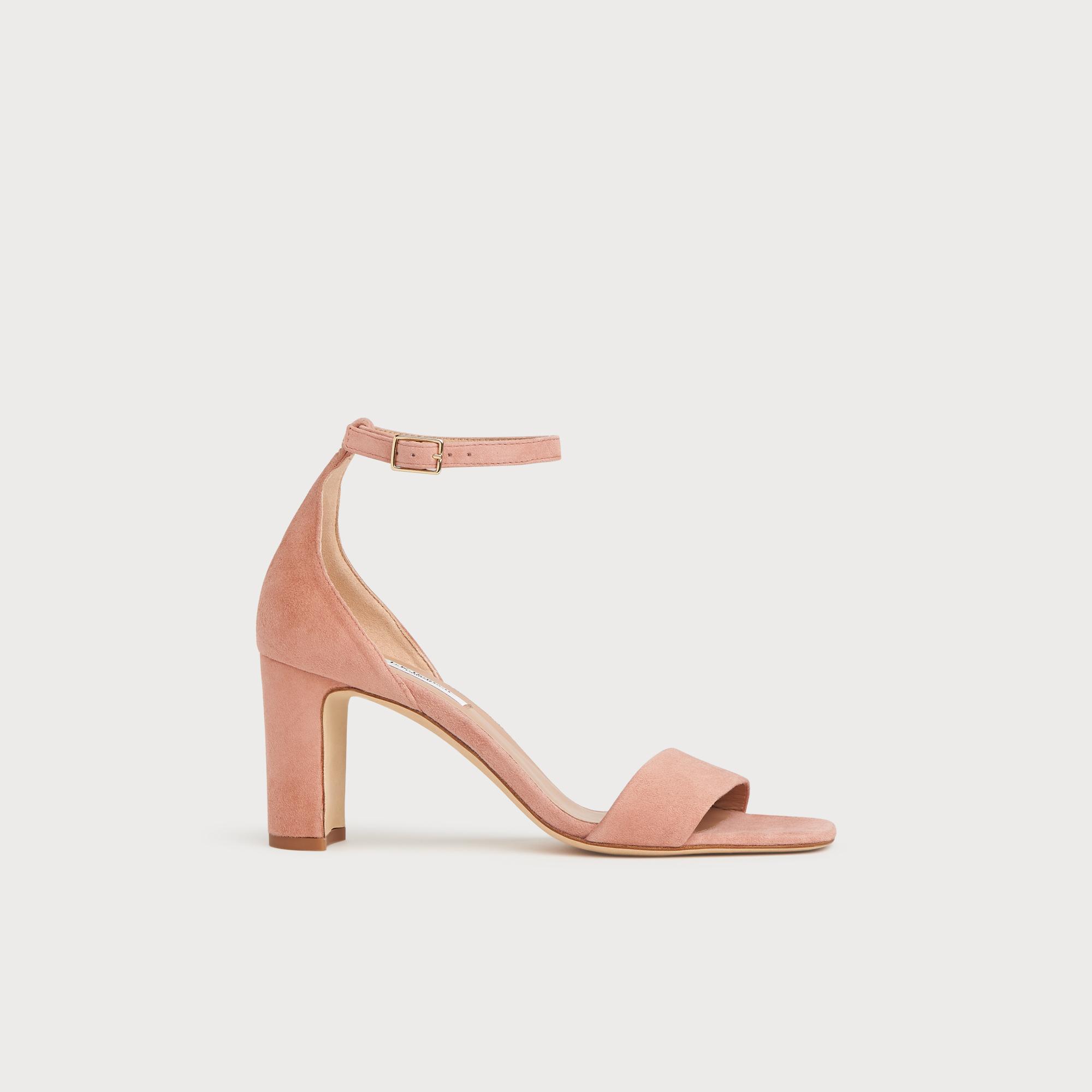 pink suede block heels