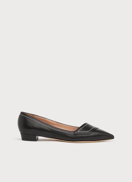 Polly Black Leather Contrast Stitch Flats