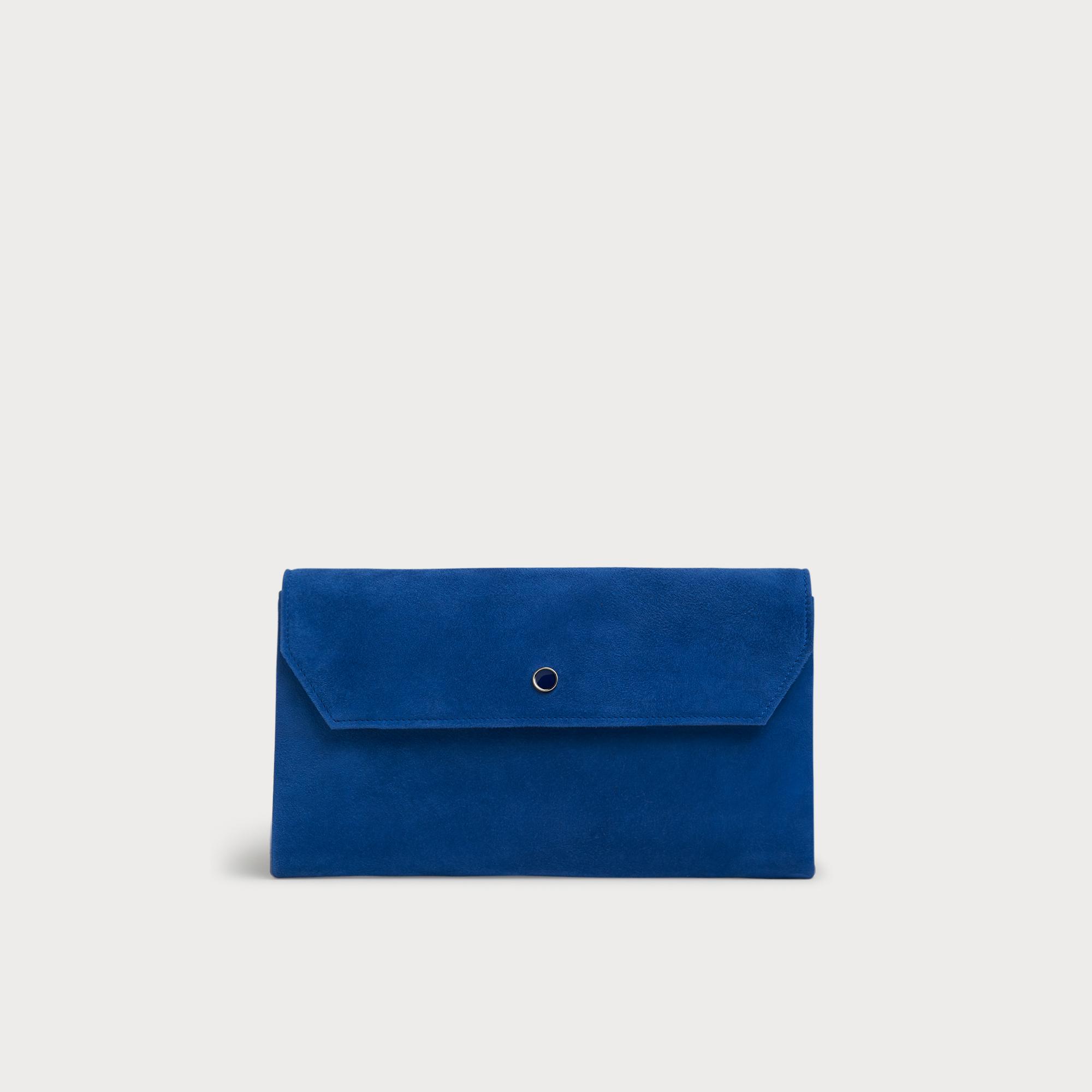 light blue suede clutch bag