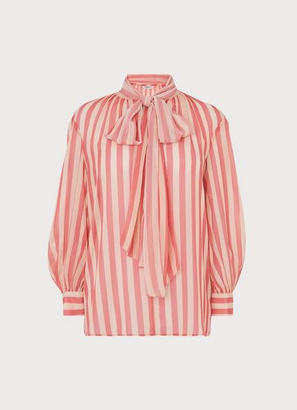 Holzer Pink Candy Stripe Pussy Bow Blouse