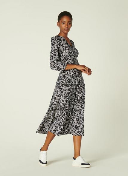 Gabrielle Navy and Cream Coral Print Stretch Silk Dress