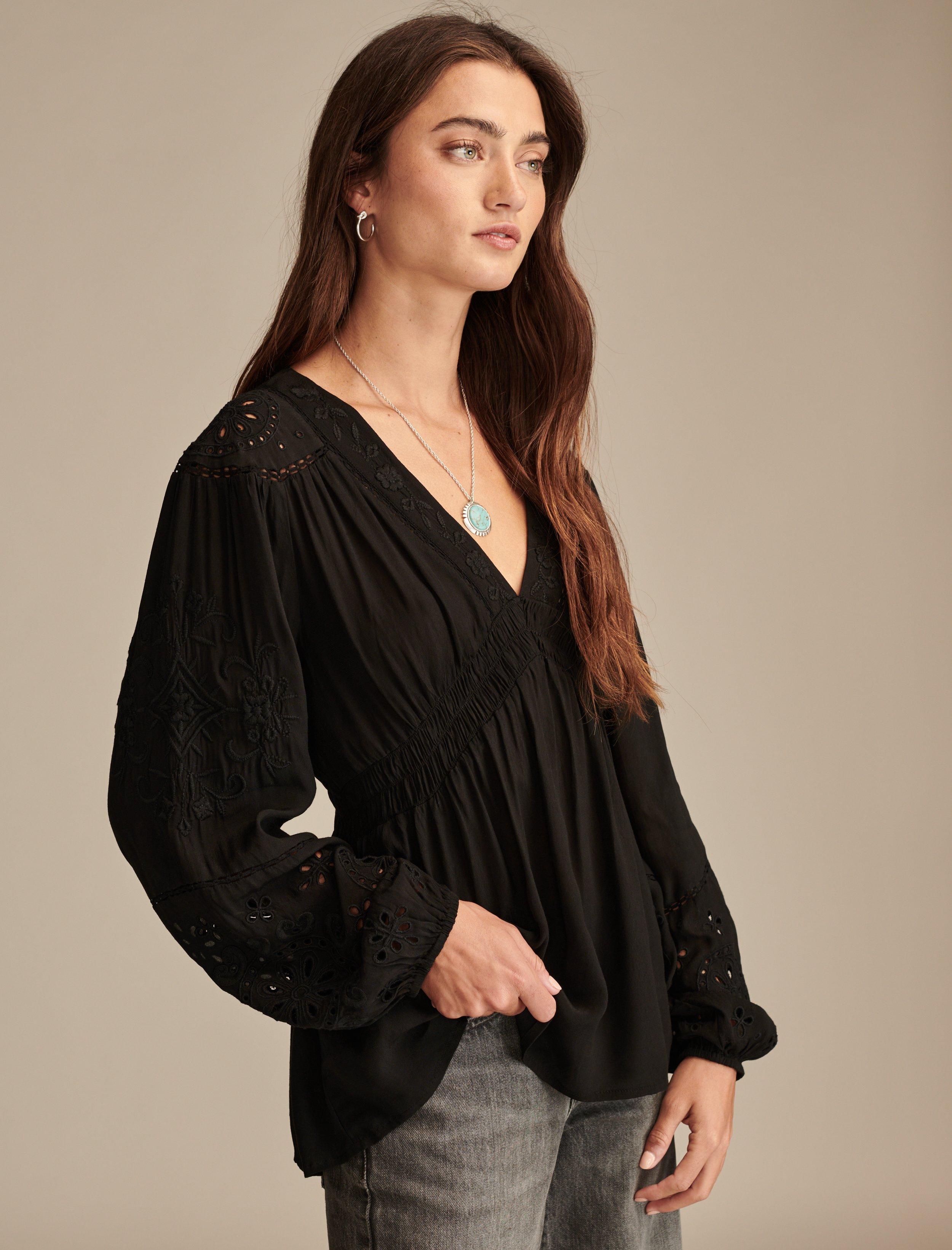 Long Sleeve Cutwork Smocked Top