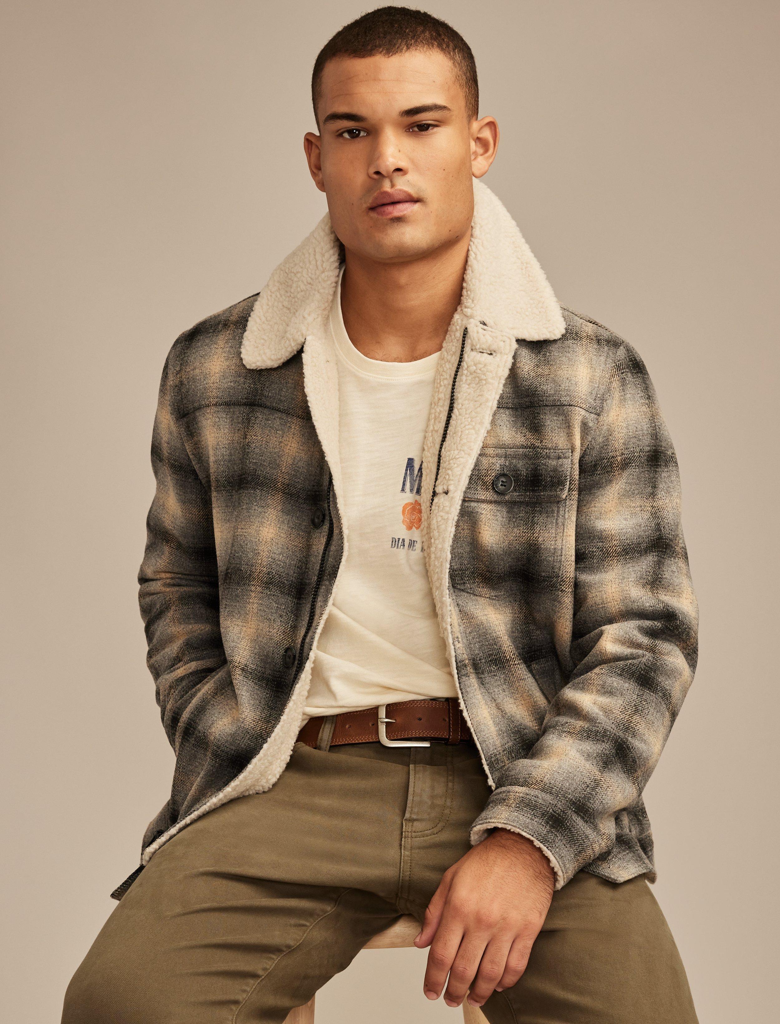 PLAID FAUX SHEARLING LINED TRUCKER JACKET