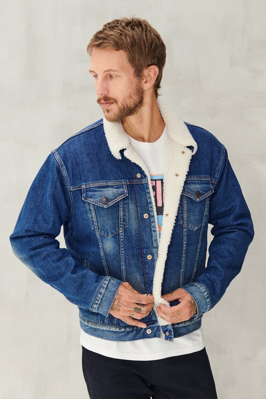Lucky Brand Faux Shearling Lined Denim Trucker Jacket in Blue for Men