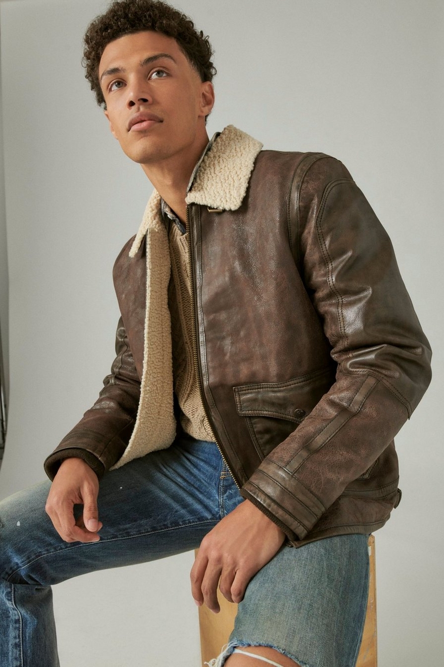LEATHER AVIATOR JACKET WITH FAUX SHEARLING COLLAR | Lucky Brand
