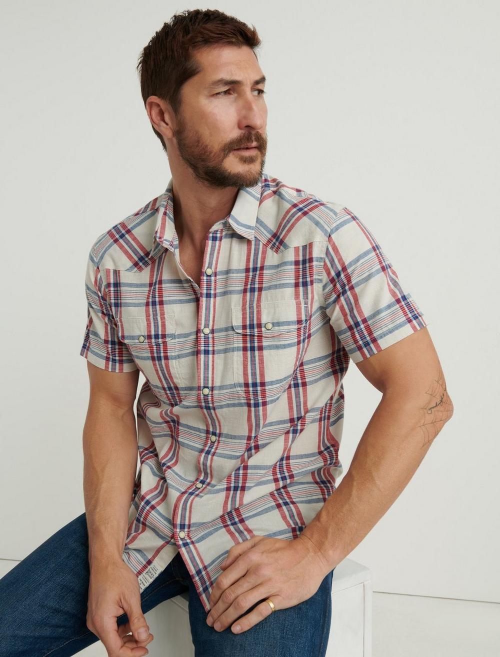 Lucky Brand Mens Sante Fe Western Shirt in Natural Plaid 