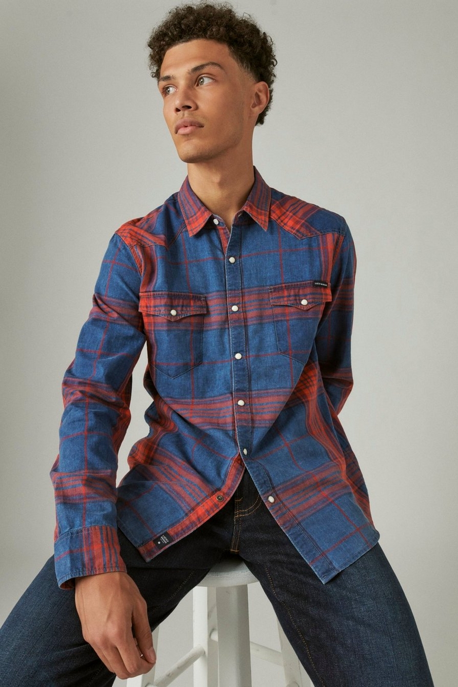 Men's Lucky Brand Classic Fit True Indigo Plaid Snap-Front Long Sleeve Shirt