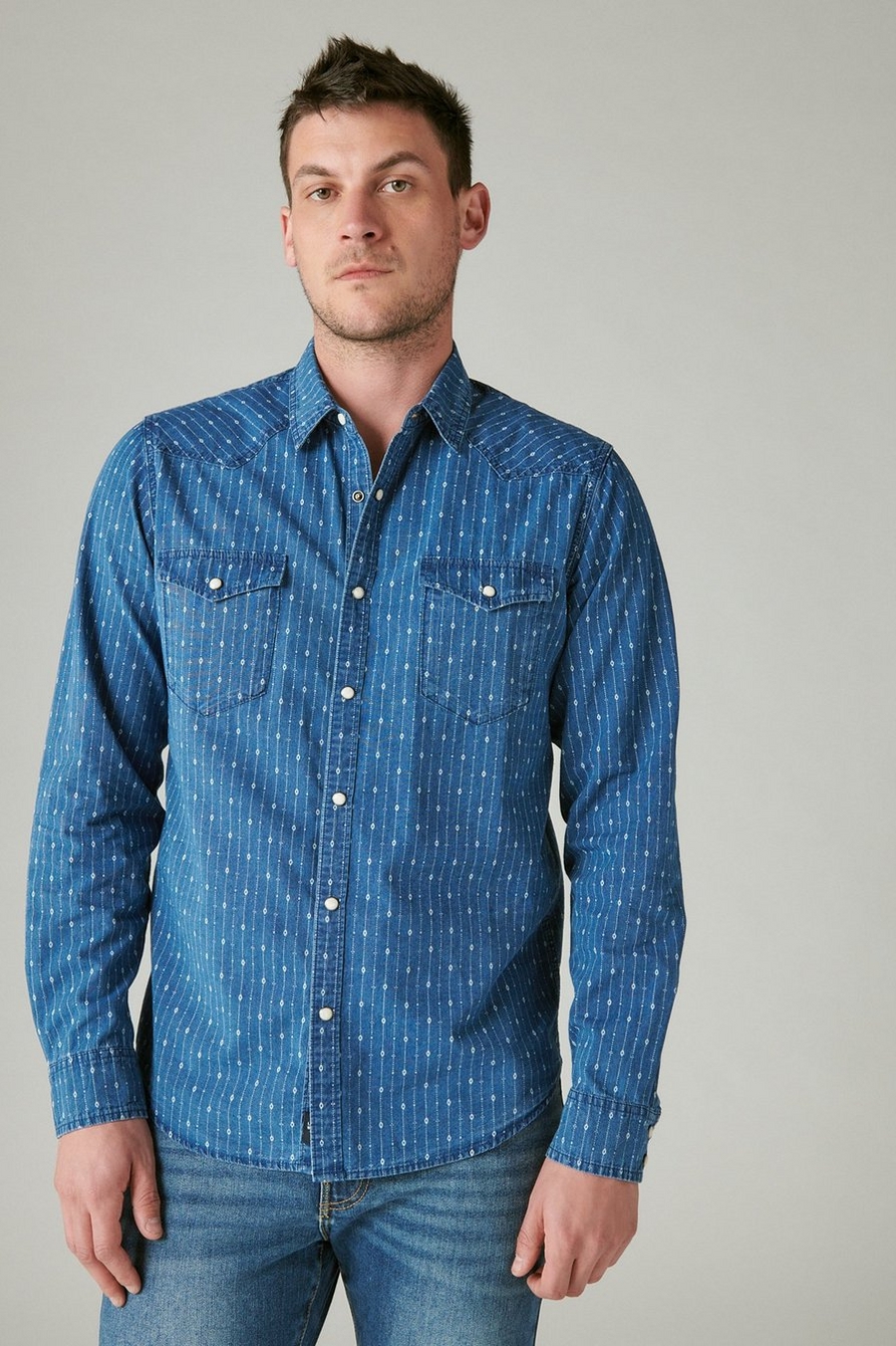 LUCKY BRAND Shirt Mens XL True Indigo Jersey Striped Henley Long Sleeve  Blue 