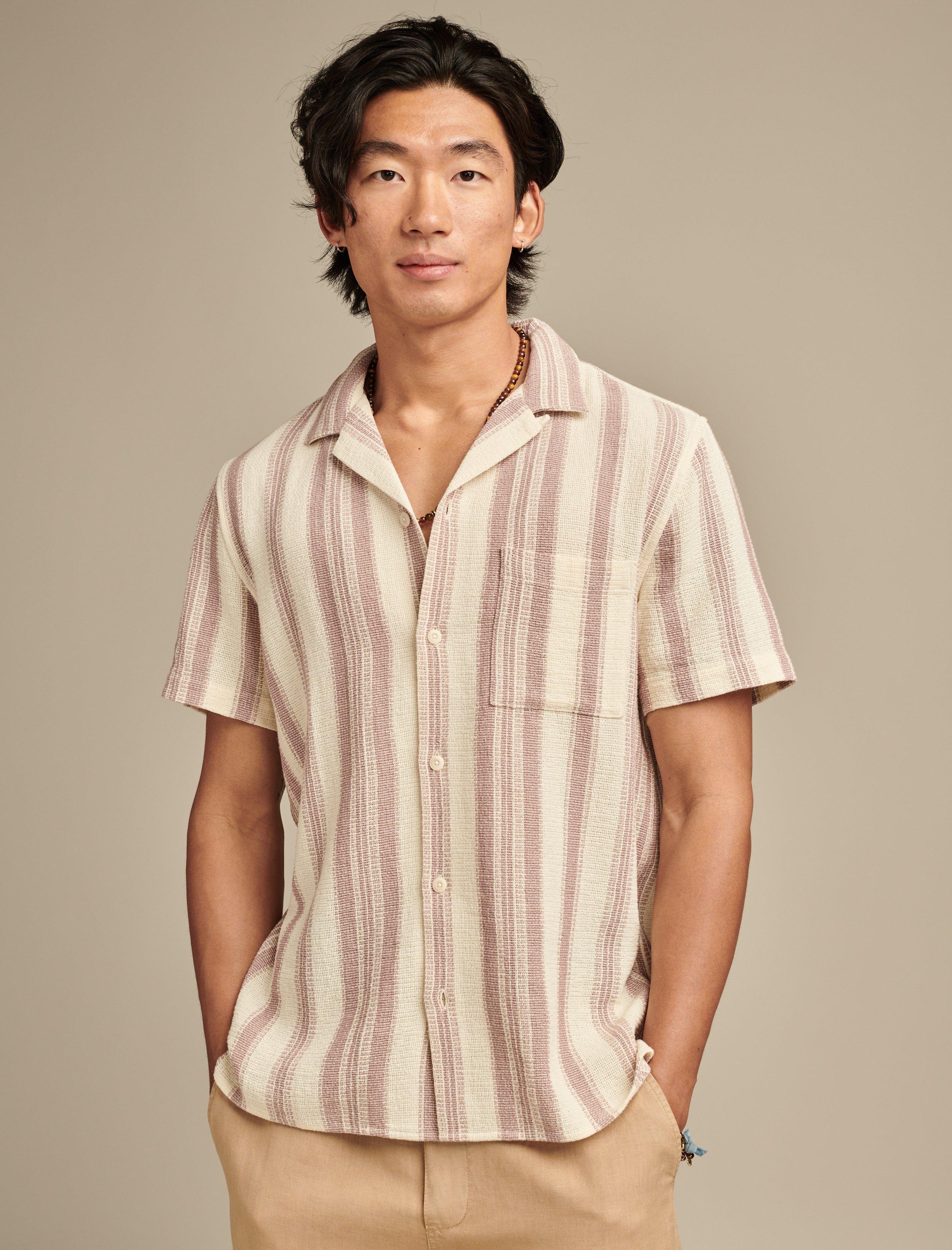 TEXTURED STRIPE SHORT SLEEVE CAMP COLLAR SHIRT