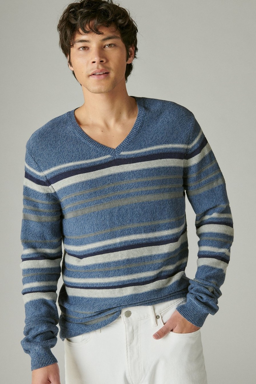 STRIPED WELTERWEIGHT V-NECK SWEATER, image 1