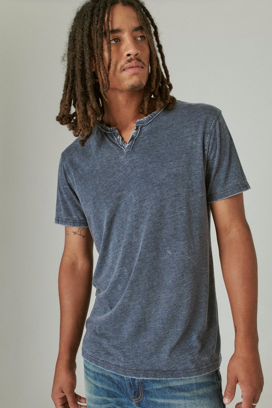 Men's Lucky Brand Venice Burnout Notch Neck Gray Blue T-shirt, Size Large