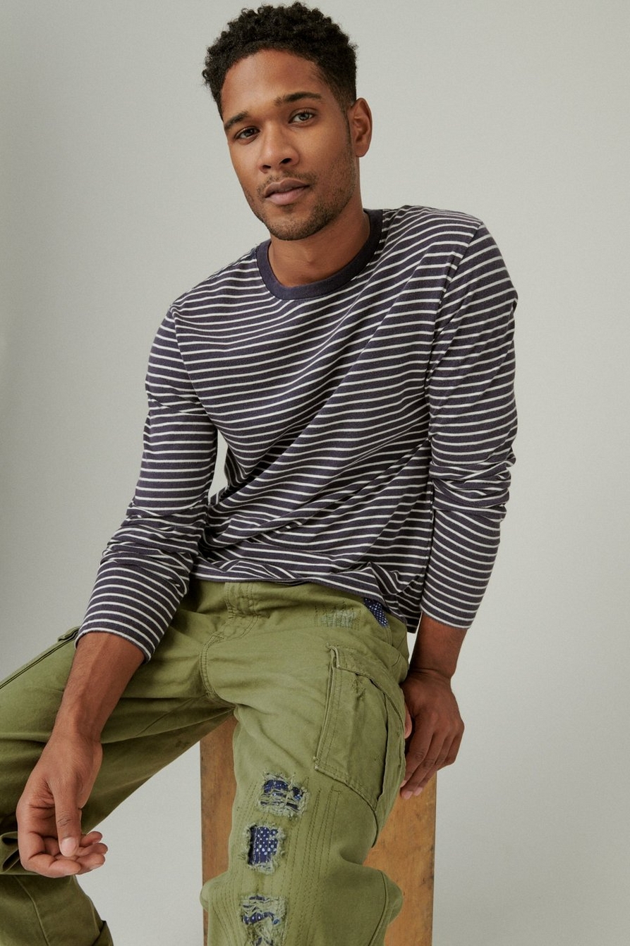SUEDED VARIAGATED LONG SLEEVE STRIPE CREW, image 1