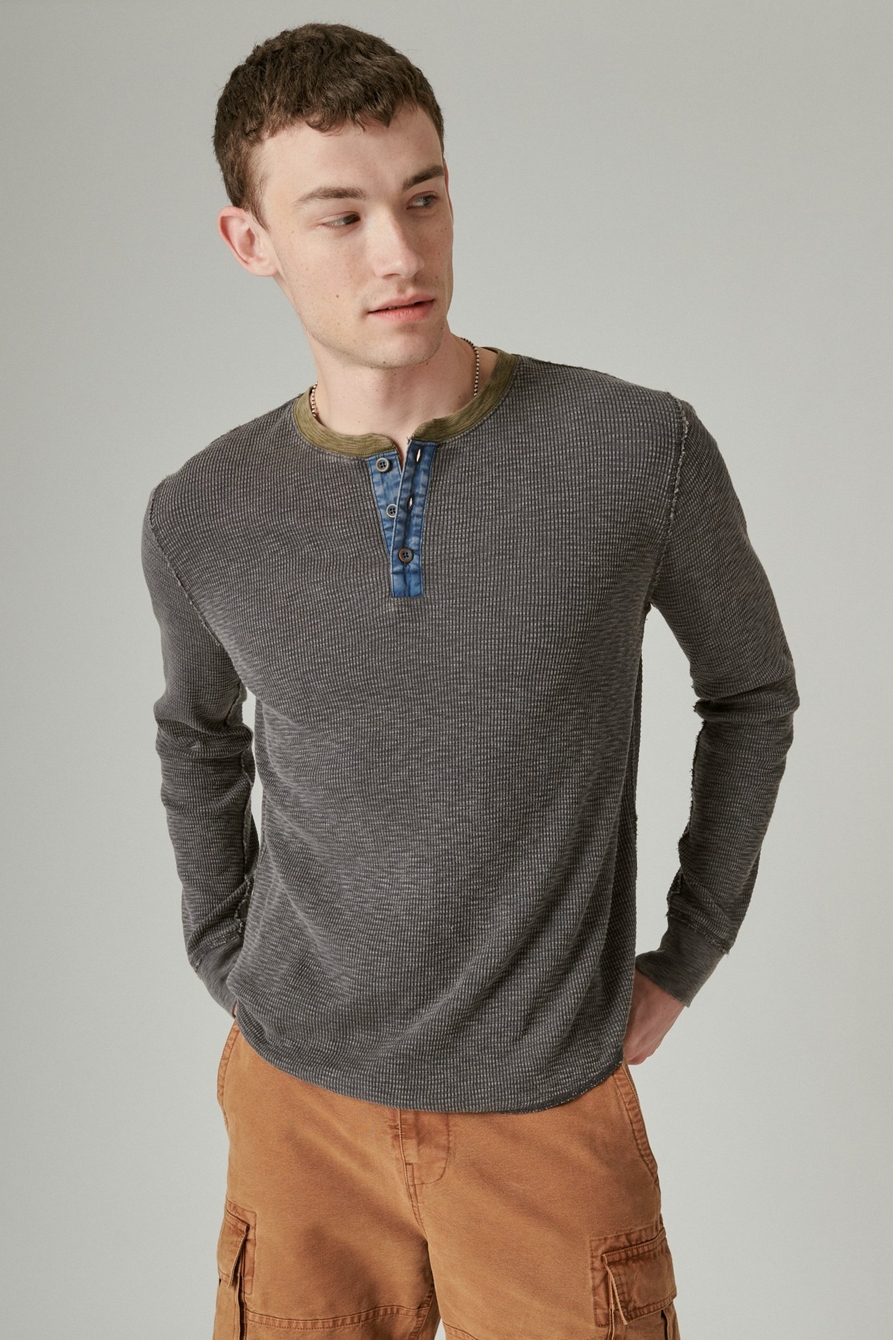 Lucky Brand Long Sleeve Acid Wash Thermal Henley T-Shirt