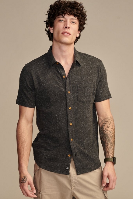 Lucky Brand 100% Linen Men's Size S Short Sleeve Button Up Shirt Blue  Striped 