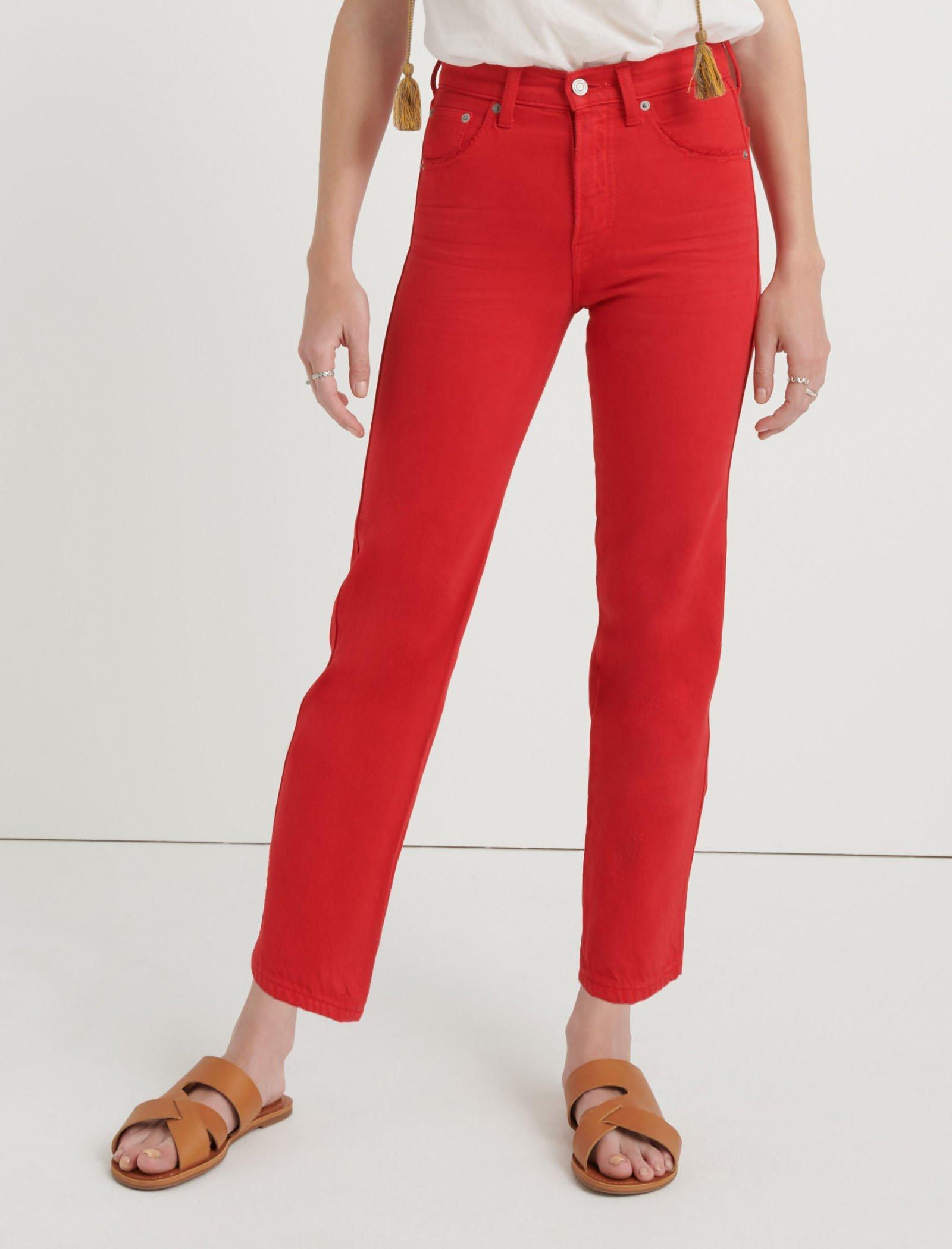 red straight jeans
