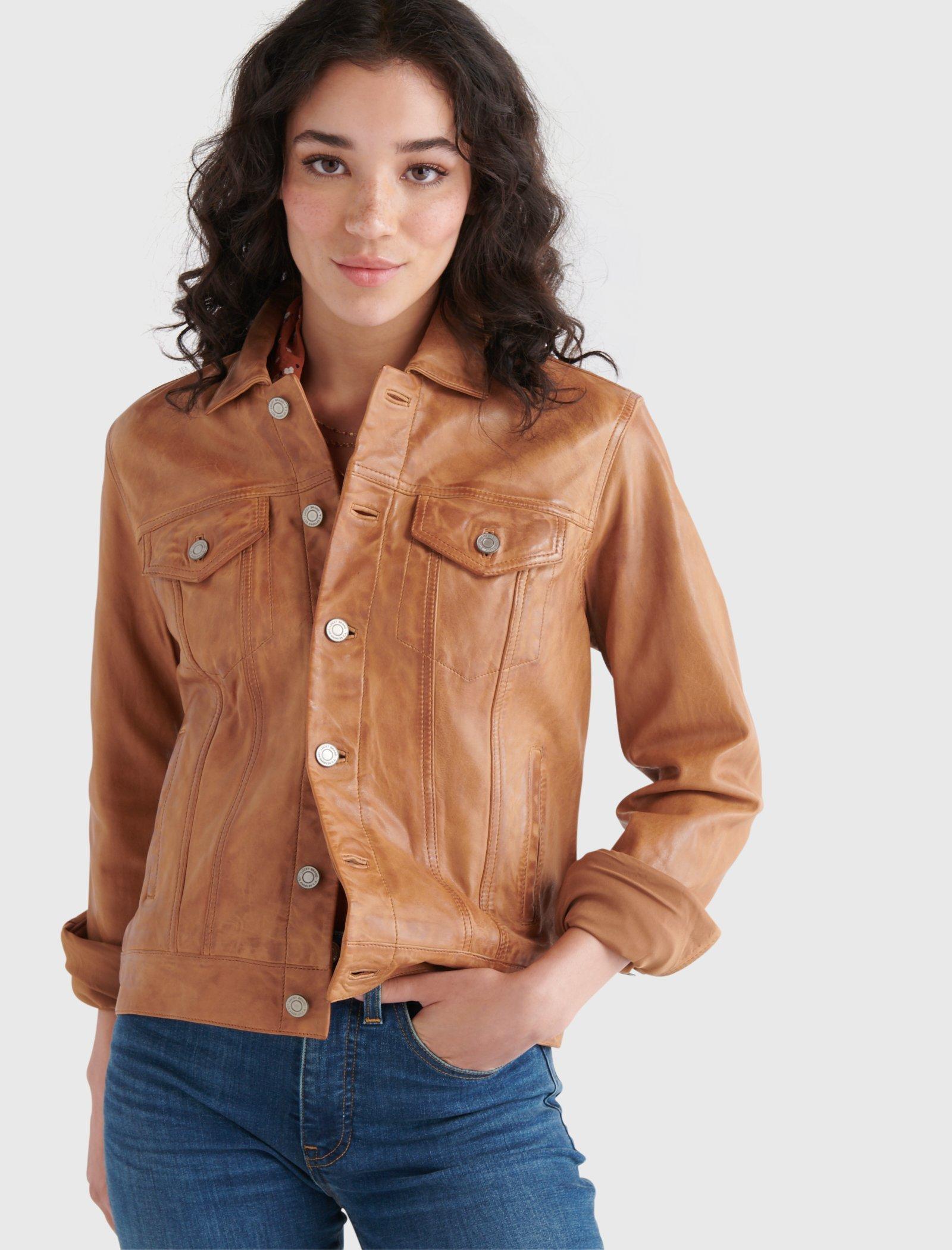 brown leather trucker jacket