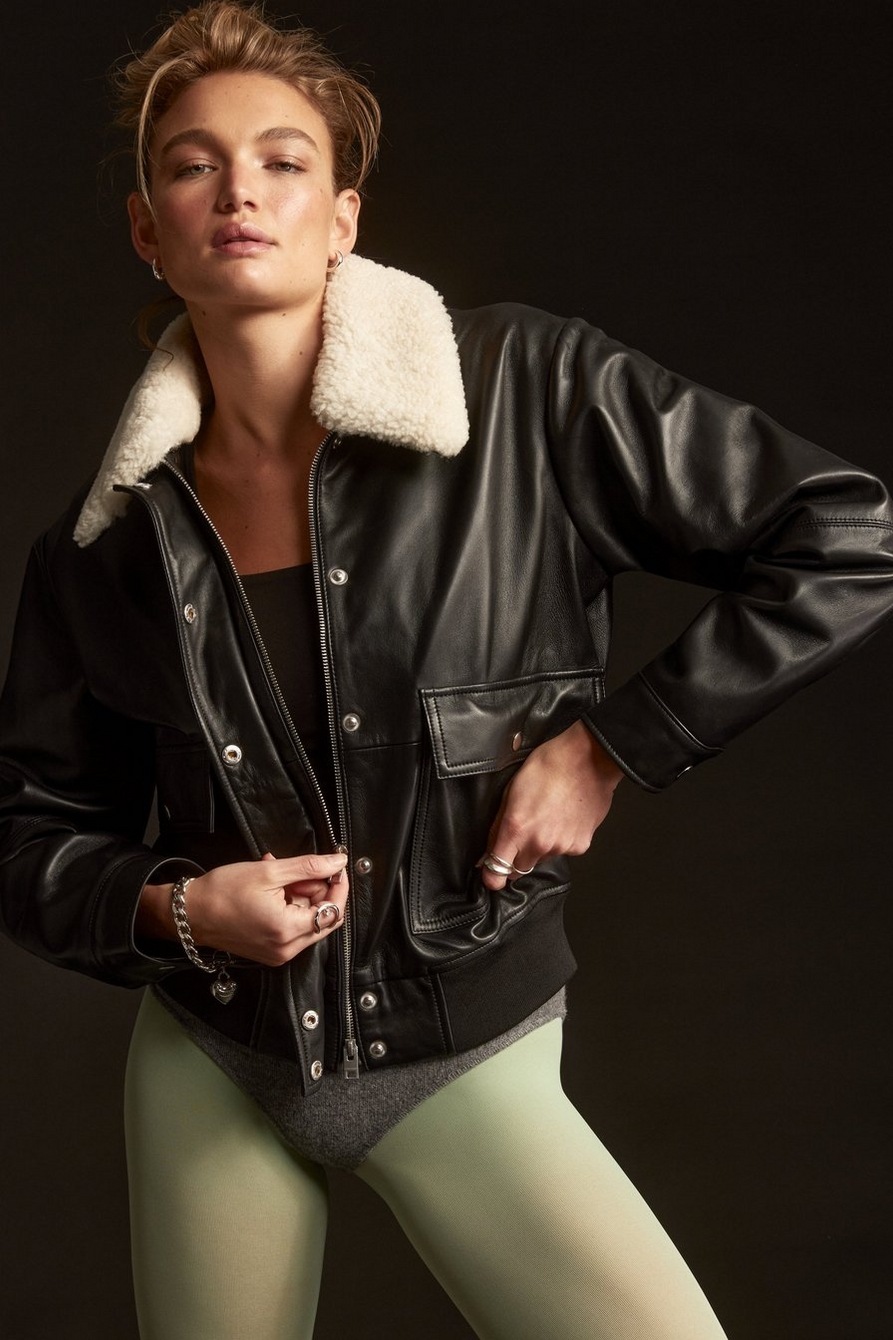 SHEARLING COLLAR LEATHER BOMBER JACKET | Lucky Brand