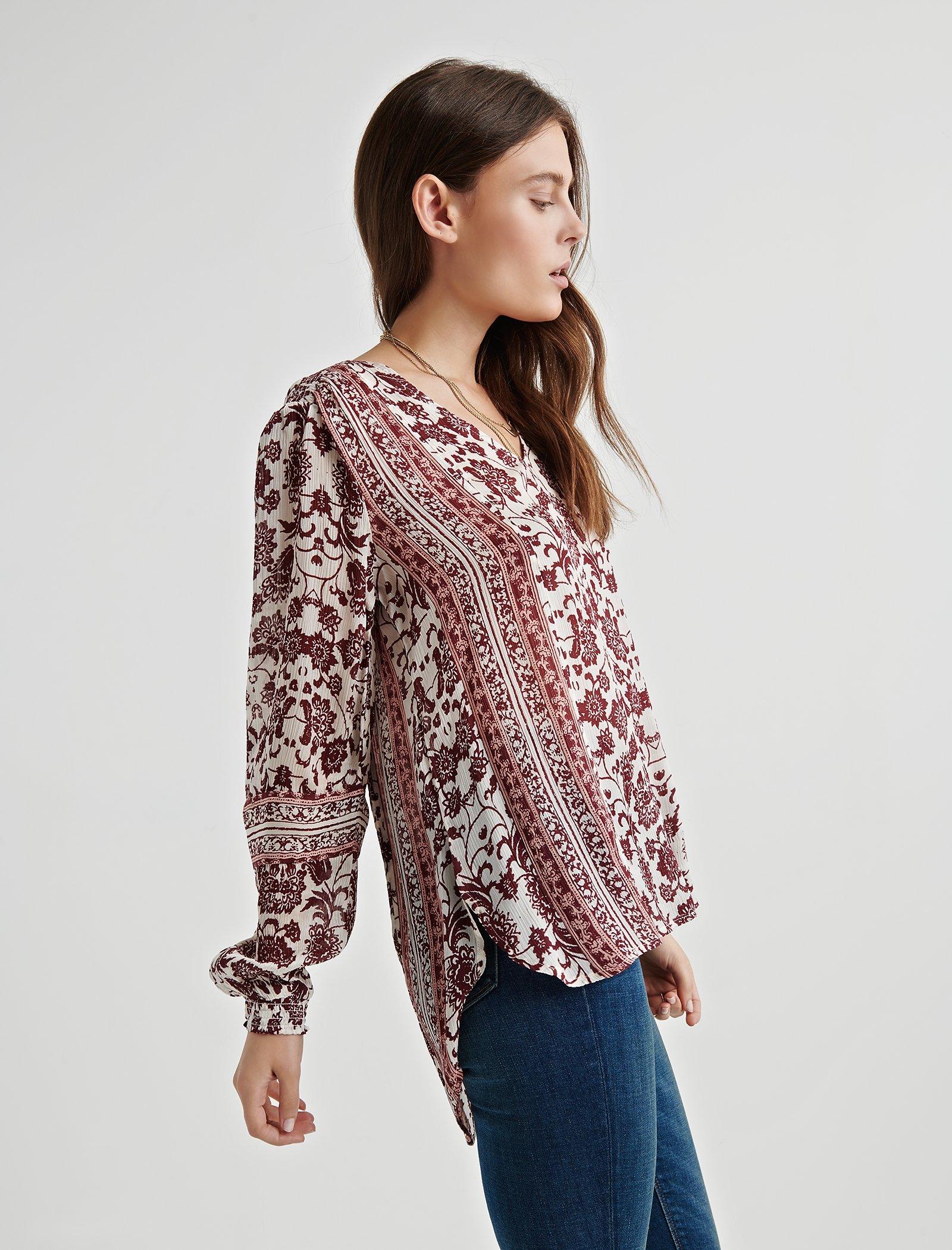 Border Print Burgundy Peasant Top, Lucky Brand