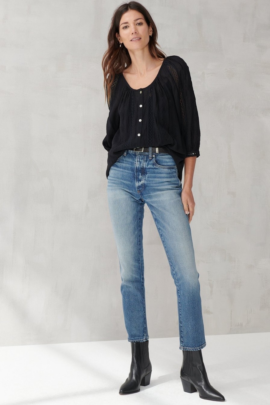 LACE INSET EMBROIDERED BUTTON TOP