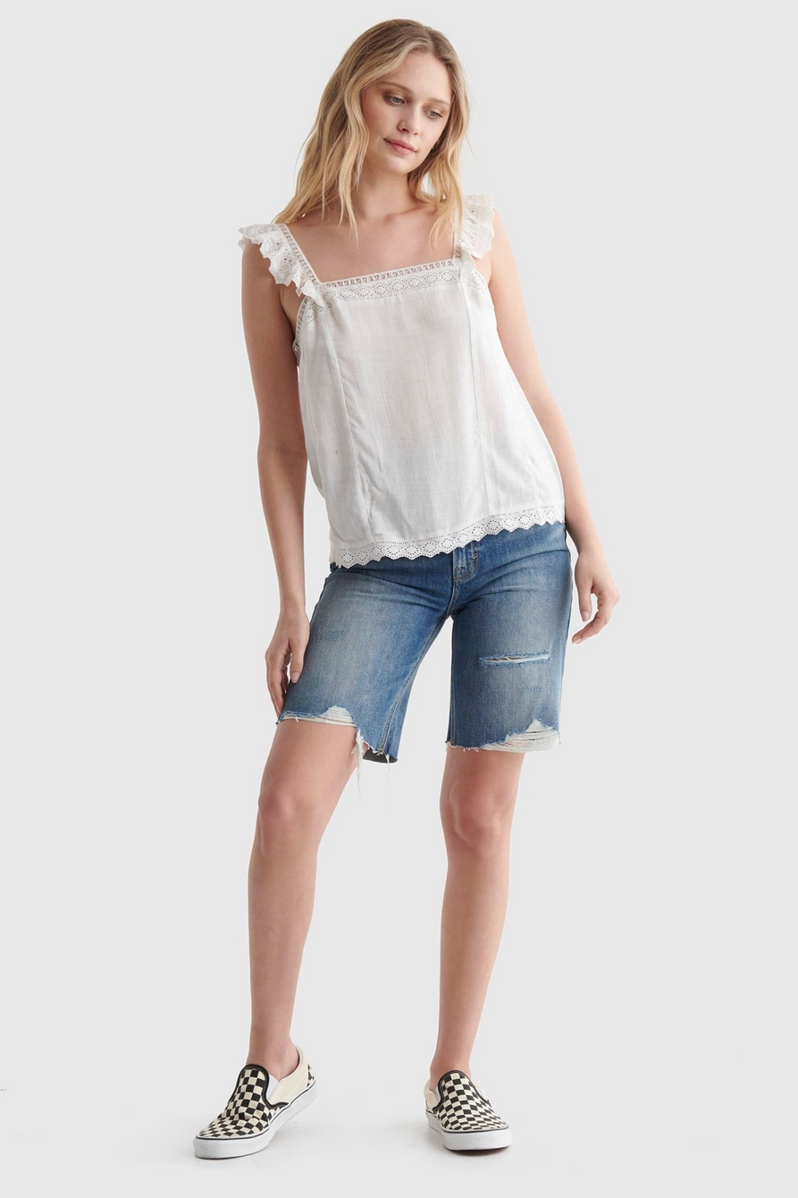 Lucky Brand Women's Short Sleeve Square Neck Eyelet Top, Bright White,  X-Small : : Fashion