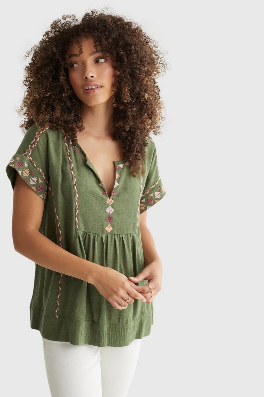 SHORT SLEEVE EMBROIDERED PEASANT TOP