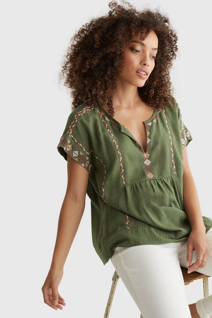 SHORT SLEEVE EMBROIDERED PEASANT TOP
