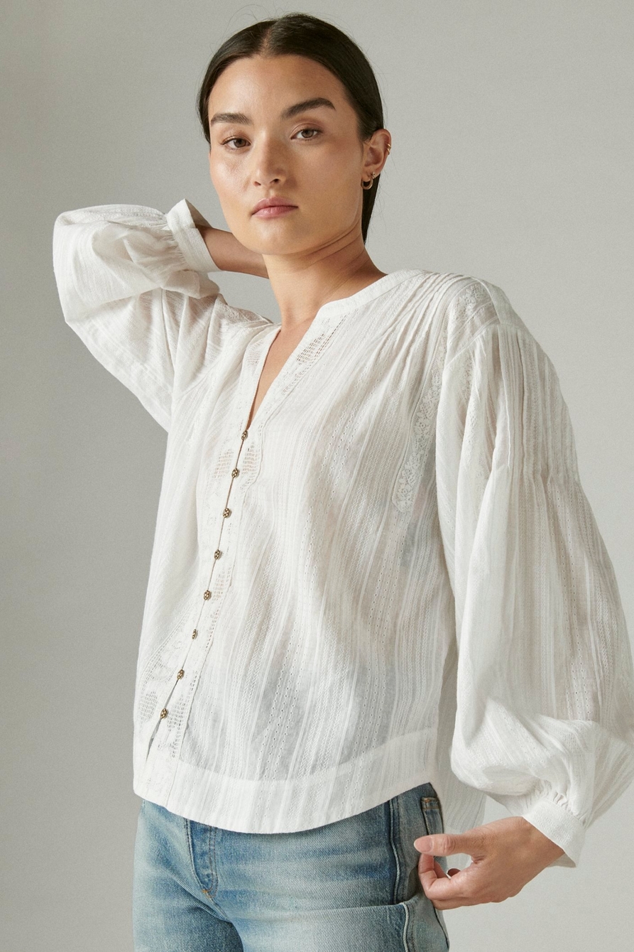 DOBBY BUTTON DOWN LONG SLEEVE BLOUSE, image 1