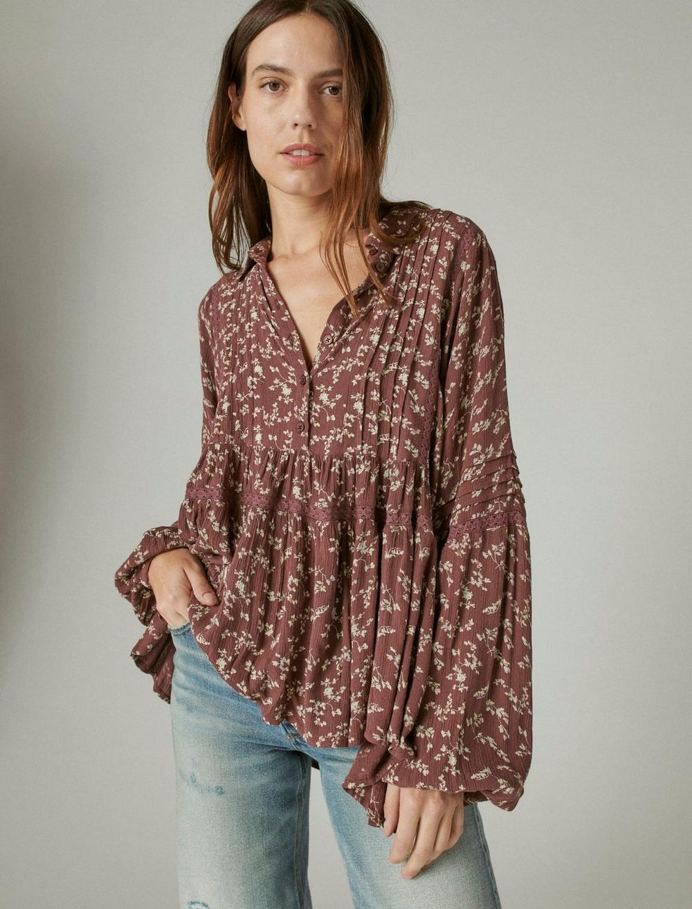 PRINTED LONG SLEEVE POPOVER TOP, image 1