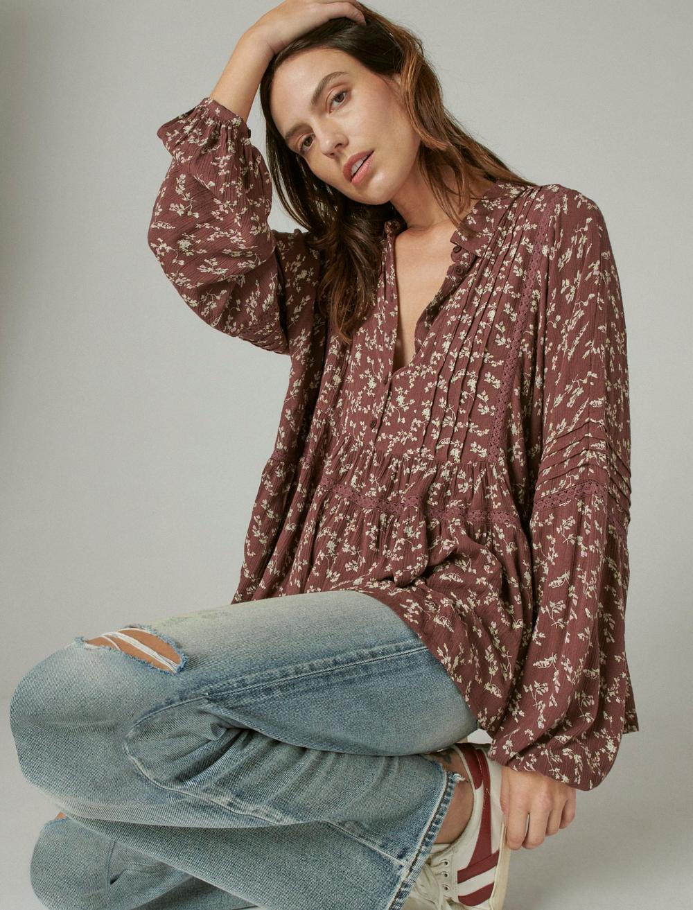 PRINTED LONG SLEEVE POPOVER TOP, image 6
