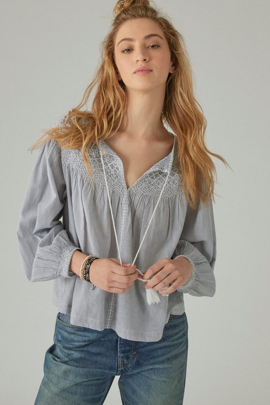 STRIPED SMOCKED PEASANT BLOUSE, image 1