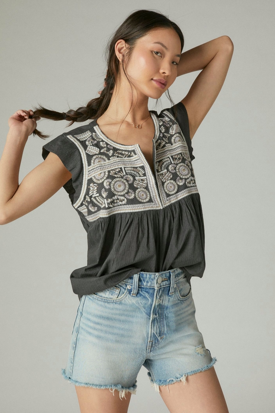 Lucky Brand Embroidered Flutter Sleeve Top (Black) Women's Clothing -  ShopStyle