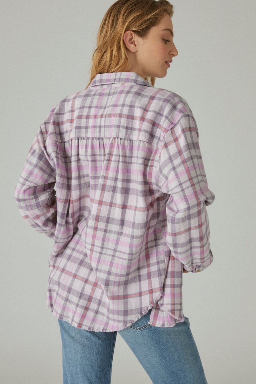 Lucky Brand Women's Oversized Distressed Shirt, Pink Plaid, X