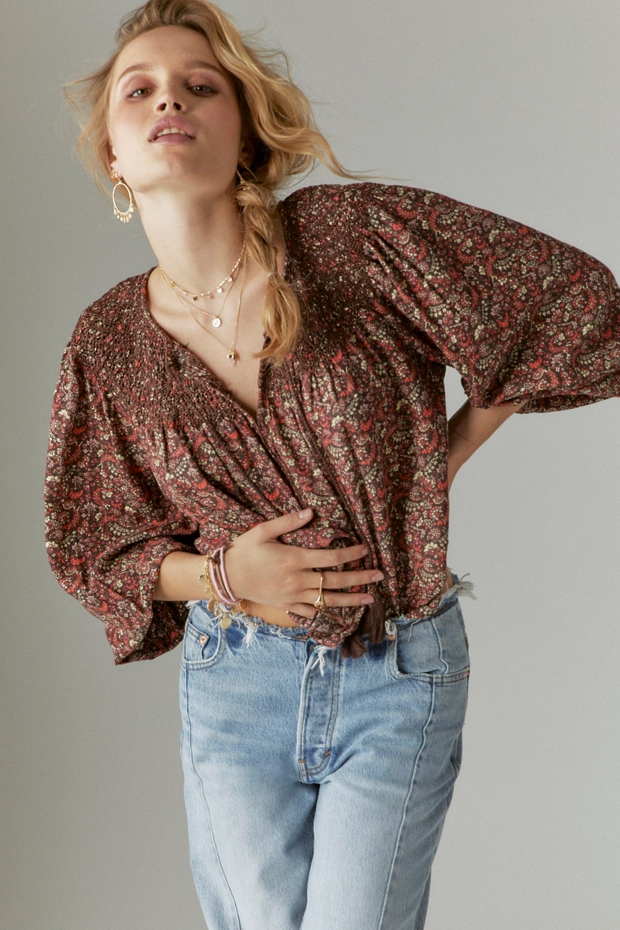 PRINTED SMOCKED PEASANT BLOUSE | Lucky Brand