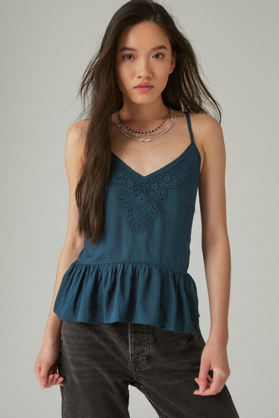 Lucky Brand Women's Embroidered Cami, Reflecting Pond, Small at   Women's Clothing store